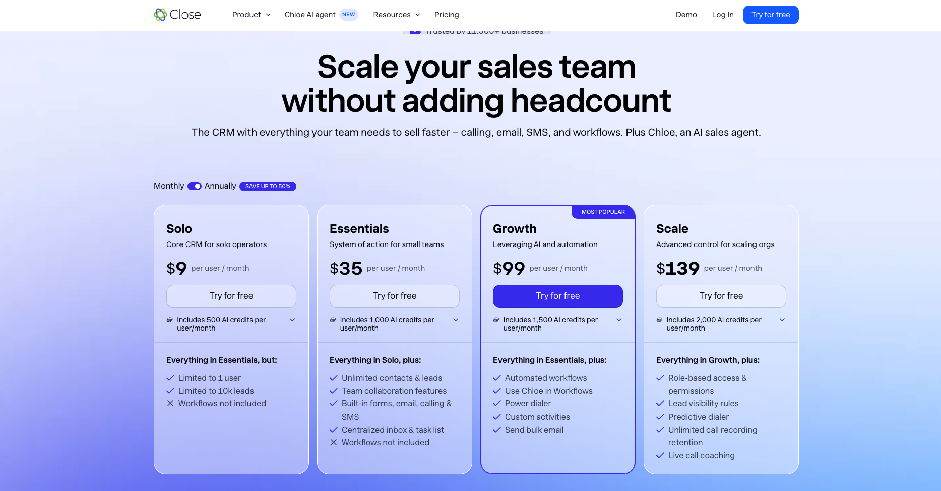 Close crm pricing page which says four tiers with solo, essentials, growth and scale